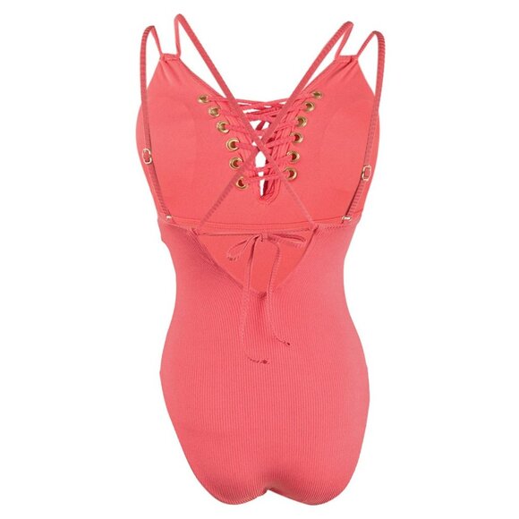 Hula Honey Shimmer Rib Lace-up One-Piece Swimsuit in Vintage Red NWT Medium - Picture 4 of 8